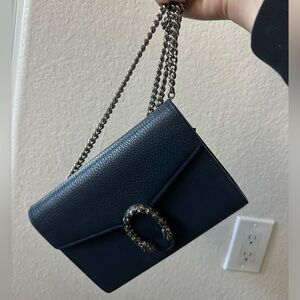 BLUE GUCCI DIONYSUS MINI LEATHER CHAIN WALLET